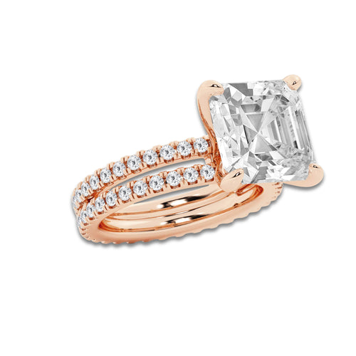 9.22 ctw Asscher Lab-Grown Diamond Double Row Diamond Engagement Ring in 14K Rose Gold for Women | Colorless E, VS1 Clarity, IGI Certified 8.00 ct Center Diamond
