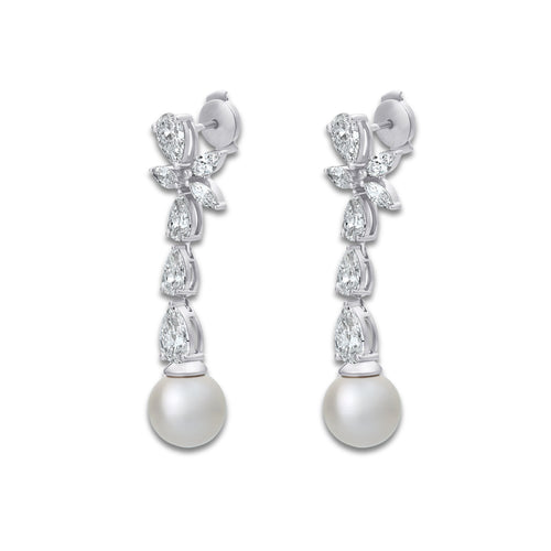 9 mm Freshwater Pearl and 4 ctw Lab Grown Diamond Dangle Earrings 14K White Gold, Fresh Water