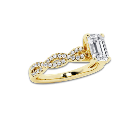 1.00 ctw Emerald Lab-Grown Diamond Twisted Shank Engagement Ring in 14K Yellow Gold for Women | E Color, VS1 Clarity, Not Certified 0.75 ct Center Diamond