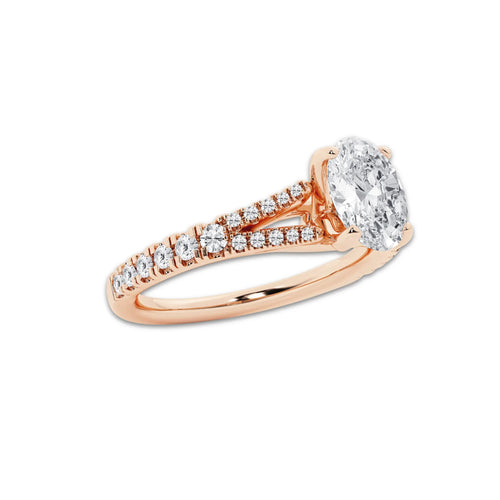 1.08 ctw Oval Lab-Grown Diamond Split Shank Side Stone Engagement Ring in 14K Rose Gold for Women | Colorless E, VS1 Clarity, IGI Certified 0.75 ct Center Diamond