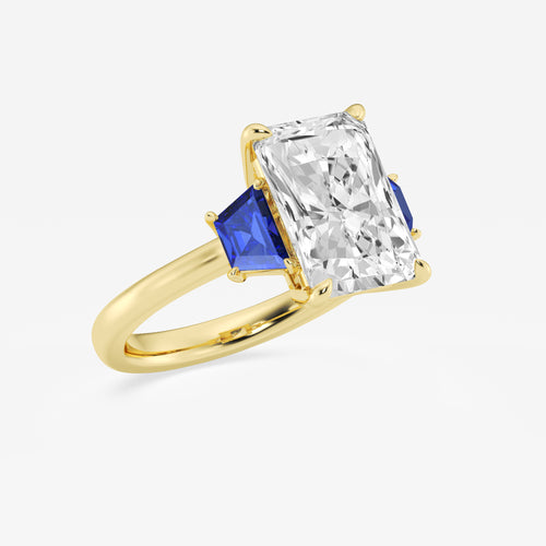 Camellia 5 ctw Radiant Lab Grown Diamond and 5.5x3.3x2.2 mm Trapezoid Created Sapphire Three-Stone Ring 14K Yellow Gold, E, VS1 | IGI Certified, 5 ct Center