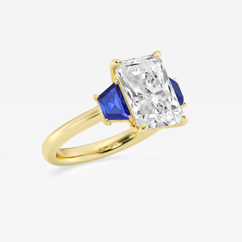 Camellia 4 ctw Radiant Lab Grown Diamond and 5.5x3.3x2.2 mm Trapezoid Created Sapphire Three-Stone Ring 14K Yellow Gold, E, VS1 | IGI Certified, 4 ct Center