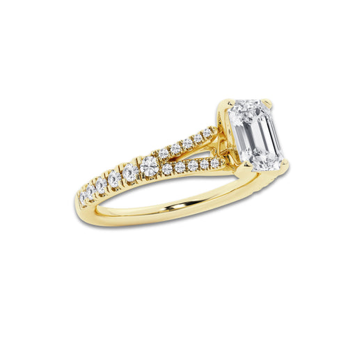 1.33 ctw Emerald Lab-Grown Diamond Split Shank Side Stone Engagement Ring in 14K Yellow Gold for Women | Colorless E, VS1 Clarity, IGI Certified 1.00 ct Center Diamond