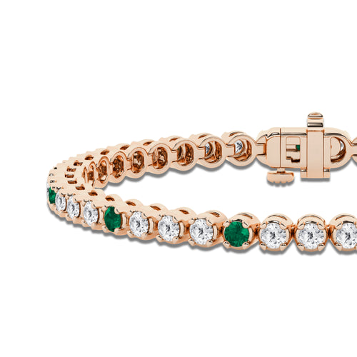 4 1/2 Round Cut Created Emerald and Round Lab Grown Diamond Tennis Bracelet - 7 Inches 14K Rose Gold