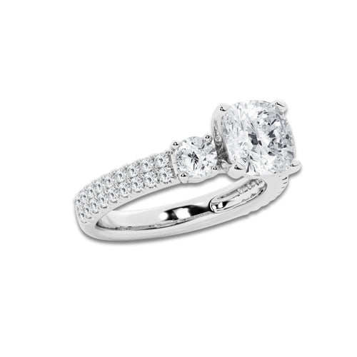 3.50 ctw Cushion Lab-Grown Diamond Three Stone Double Row Engagement Ring in 14K White Gold for Women | E Color, VS1 Clarity, IGI Certified 2.50 ct Center Diamond