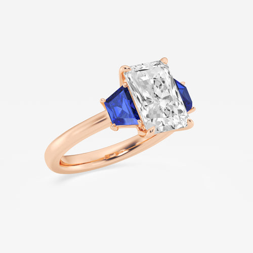 Camellia 3 ctw Radiant Lab Grown Diamond and 5.5x3.3x2.2 mm Trapezoid Created Sapphire Three-Stone Ring 14K Rose Gold, E, VS1 | IGI Certified, 3 ct Center