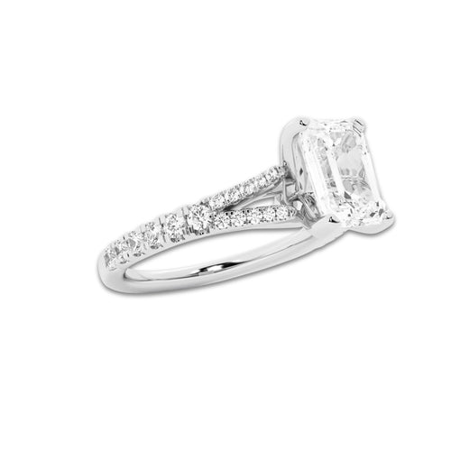 2.33 ctw Emerald Lab-Grown Diamond Split Shank Side Stone Engagement Ring in Platinum for Women | Colorless E, VS1 Clarity, IGI Certified 2.00 ct Center Diamond