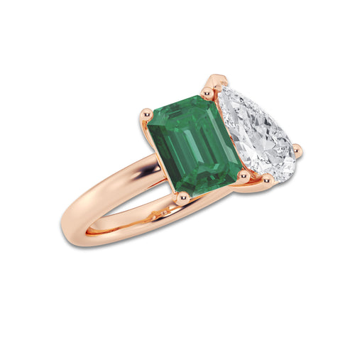 Sloane 9x7mm Created Emerald and 2 1/2 Pear Cut Lab Grown Diamond Two Stone Engagement Ring 14K Rose Gold