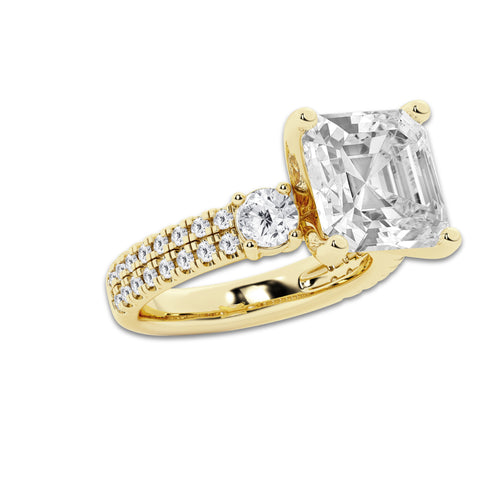 7.96 ctw Asscher Lab-Grown Diamond Three Stone Double Row Engagement Ring in 14K Yellow Gold for Women | D Color, VVS1 Clarity, IGI Certified 7.00 ct Center Diamond