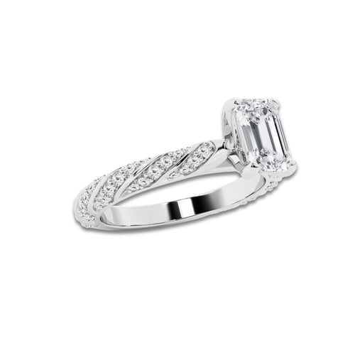 1.19 ctw Emerald Lab-Grown Diamond Twisted Band Engagement Ring in 14K White Gold for Women | Colorless E, VS1 Clarity, IGI Certified 0.75 ct Center Diamond