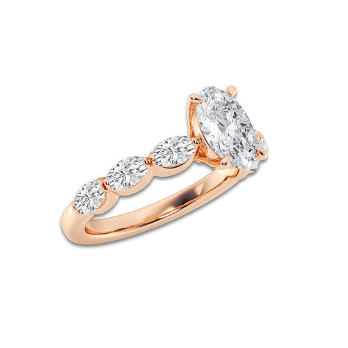 Bridget 2 1/3 ctw Oval Lab Grown Diamond Side Stone Solitaire Engagement Ring 14K Rose Gold, D, VVS | IGI Certified, 1 1/2 ct Center