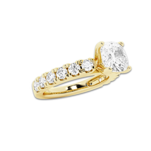 3.00 ctw Cushion Lab-Grown Diamond Split-Prong Set Side Stone Engagement Ring in 14K Yellow Gold for Women | Colorless D, VVS1 Clarity, IGI Certified 2.00 ct Center Diamond