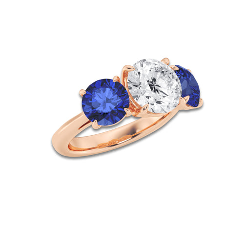 Hibiscus 3 ctw Round Lab Grown Diamond and 7.2 mm Round Shape Created Sapphire Three-Stone Engagement Ring 14K Rose Gold, D, VVS | IGI Certified, 3 ct Center