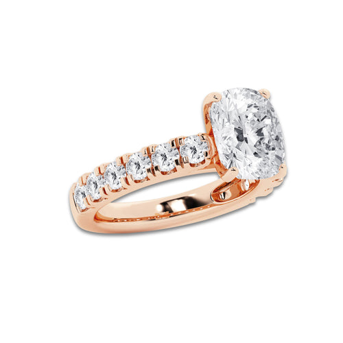 4.00 ctw Elongated Cushion Lab-Grown Diamond Split-Prong Set Side Stone Engagement Ring in 14K Rose Gold for Women | Colorless E, VS1 Clarity, IGI Certified 3.00 ct Center Diamond