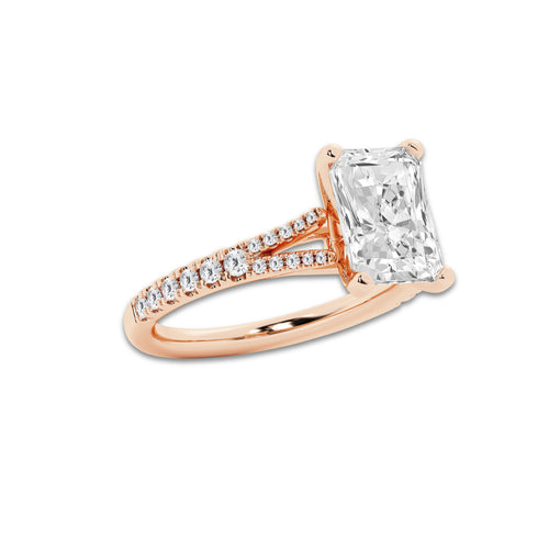 2.83 ctw Radiant Lab-Grown Diamond Split Shank Side Stone Engagement Ring in 14K Rose Gold for Women | Colorless E, VS1 Clarity, IGI Certified 2.50 ct Center Diamond