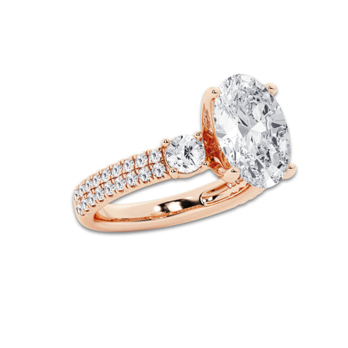 4.96 ctw Oval Lab-Grown Diamond Three Stone Double Row Engagement Ring in 14K Rose Gold for Women | D Color, VVS1 Clarity, IGI Certified 4.00 ct Center Diamond