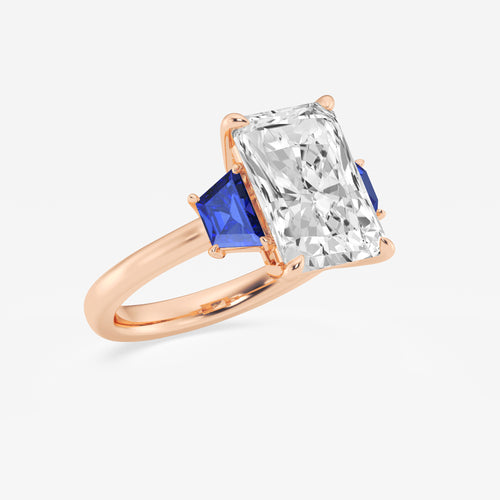 Camellia 5 ctw Radiant Lab Grown Diamond and 5.5x3.3x2.2 mm Trapezoid Created Sapphire Three-Stone Ring 14K Rose Gold, E, VS1 | IGI Certified, 5 ct Center