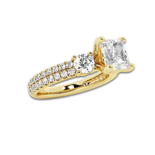 3.00 ctw Asscher Lab-Grown Diamond Three Stone Double Row Engagement Ring in 14K Yellow Gold for Women | D Color, VVS1 Clarity, IGI Certified 2.00 ct Center Diamond