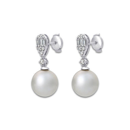 11 mm Freshwater Pearl and 1/2 ctw Lab Grown Diamond Drop Earrings 14K White Gold, Fresh Water