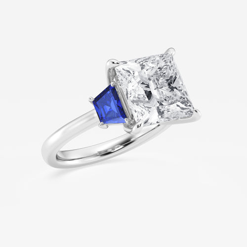 Camellia 5 ctw Princess Lab Grown Diamond and 5.5x3.3x2.2 mm Trapezoid Created Sapphire Three-Stone Ring Platinum, E, VS1 | IGI Certified, 5 ct Center