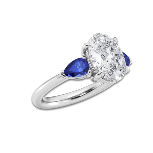 3 ctw Oval Lab Grown Diamond and 6.0x3.8 mm Pear Shape Created Sapphire Side Stone Engagement Ring Platinum, E, VS1 | 3 ct Center