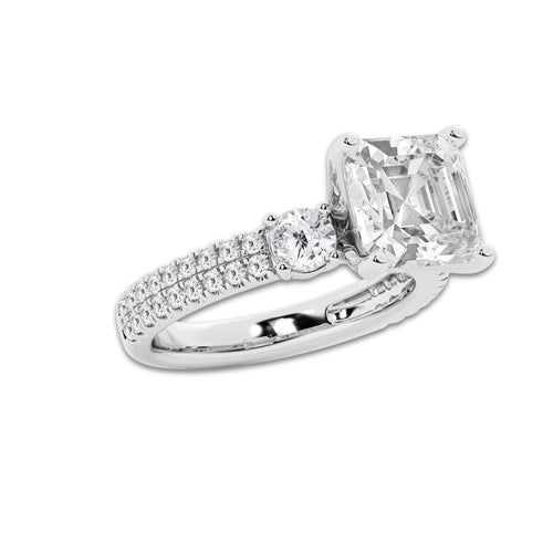 4.96 ctw Asscher Lab-Grown Diamond Three Stone Double Row Engagement Ring in 14K White Gold for Women | D Color, VVS1 Clarity, IGI Certified 4.00 ct Center Diamond