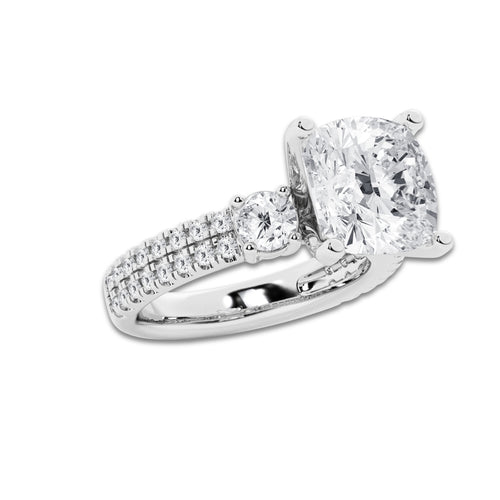 6.96 ctw Cushion Lab-Grown Diamond Three Stone Double Row Engagement Ring in 14K White Gold for Women | D Color, VVS1 Clarity, IGI Certified 6.00 ct Center Diamond