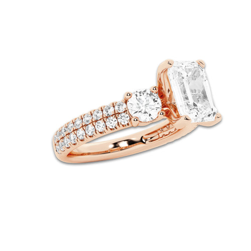1.75 ctw Emerald Lab-Grown Diamond Three Stone Double Row Engagement Ring in 14K Rose Gold for Women | E Color, VS1 Clarity, IGI Certified 1.00 ct Center Diamond