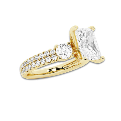 3.00 ctw Radiant Lab-Grown Diamond Three Stone Double Row Engagement Ring in 14K Yellow Gold for Women | E Color, VS1 Clarity, IGI Certified 2.00 ct Center Diamond