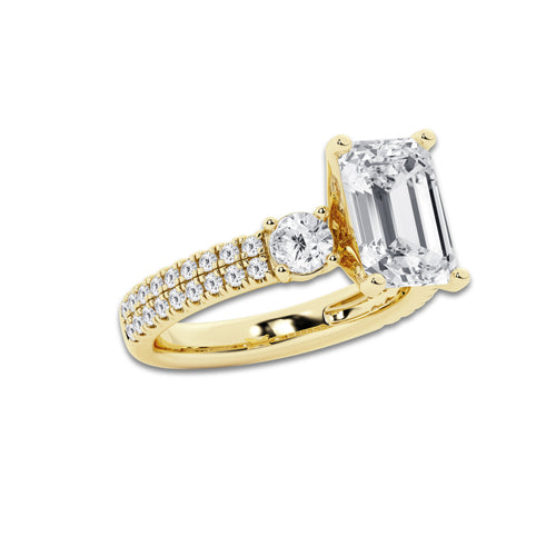 4.46 ctw Emerald Lab-Grown Diamond Three Stone Double Row Engagement Ring in 14K Yellow Gold for Women | D Color, VVS1 Clarity, IGI Certified 3.50 ct Center Diamond
