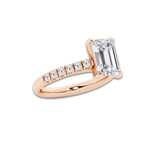3.40 ctw Emerald Lab-Grown Diamond Pave Engagement Ring in 14K Rose Gold for Women | D Color, VVS1 Clarity, IGI Certified 3.00 ct Center Diamond