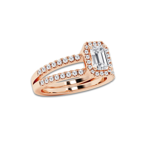 Sunshine 1 1/2 ctw Emerald Lab Grown Diamond Double Shank Halo Engagement Ring 14K Rose Gold, E, VS1 | IGI Certified, 1 ct Center