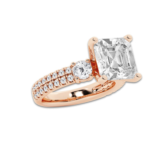 6.96 ctw Asscher Lab-Grown Diamond Three Stone Double Row Engagement Ring in 14K Rose Gold for Women | D Color, VVS1 Clarity, IGI Certified 6.00 ct Center Diamond