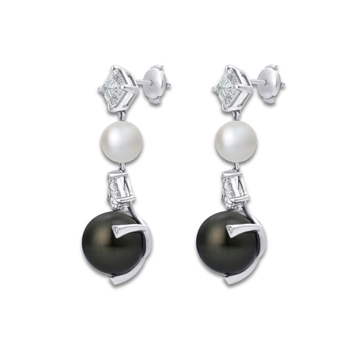 12 mm Tahitian & 8 mm Freshwater Pearl with 3 3/4 ctw Lab Grown Diamond Dangle Earrings 14K White Gold, Tahitian