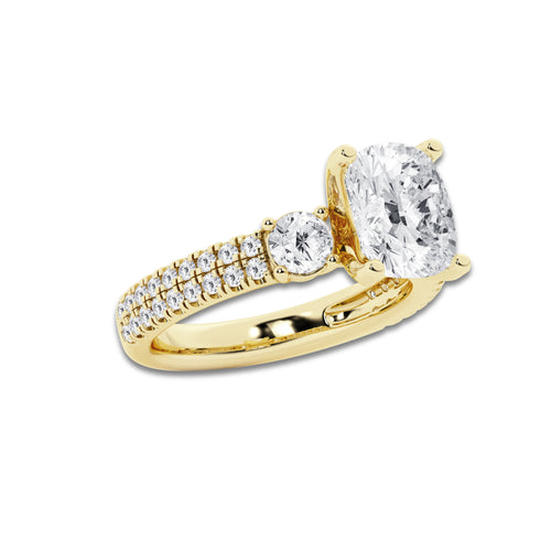 4.46 ctw Elongated Cushion Lab-Grown Diamond Three Stone Double Row Engagement Ring in 14K Yellow Gold for Women | D Color, VVS1 Clarity, IGI Certified 3.50 ct Center Diamond