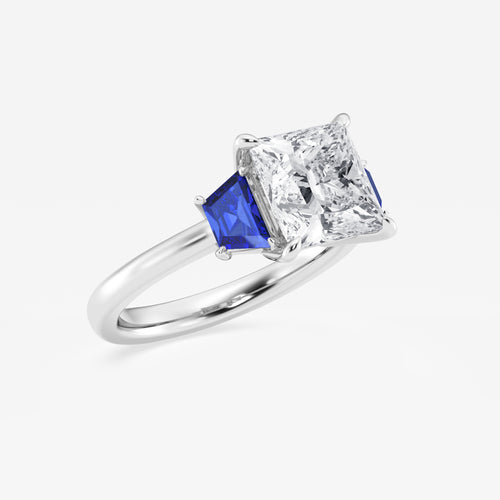Camellia 3 ctw Princess Lab Grown Diamond and 5.5x3.3x2.2 mm Trapezoid Created Sapphire Three-Stone Ring 14K White Gold, E, VS1 | IGI Certified, 3 ct Center