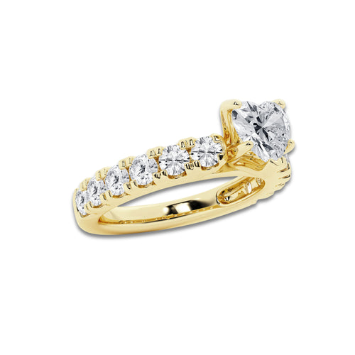 2.00 ctw Heart Lab-Grown Diamond Split-Prong Set Side Stone Engagement Ring in 14K Yellow Gold for Women | Colorless D, VVS1 Clarity, IGI Certified 1.00 ct Center Diamond