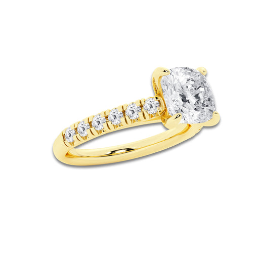 2.40 ctw Cushion Lab-Grown Diamond Pave Engagement Ring in 14K Yellow Gold for Women | D Color, VVS1 Clarity, IGI Certified 2.00 ct Center Diamond
