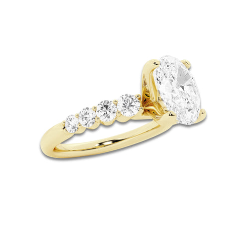 2 1/2 ctw Oval Lab Grown Diamond Graduated Engagement Ring 14K Yellow Gold, E, VS1 | 2 ct Center