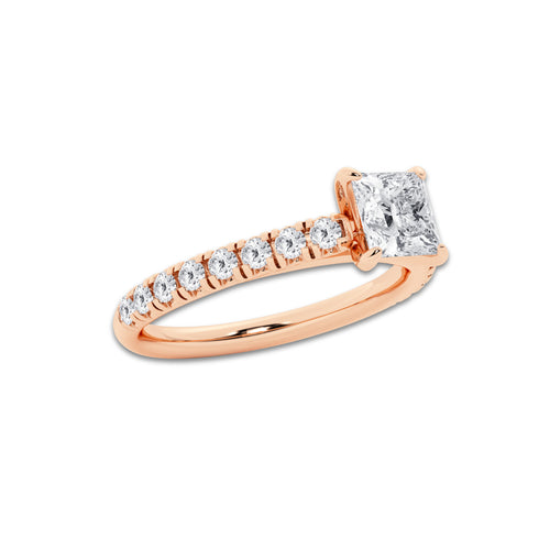0.89 ctw Princess Lab-Grown Diamond Pave Engagement Ring in 14K Rose Gold for Women | E Color, VS1 Clarity, IGI Certified 0.50 ct Center Diamond