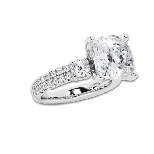 7.96 ctw Cushion Lab-Grown Diamond Three Stone Double Row Engagement Ring in Platinum for Women | D Color, VVS1 Clarity, IGI Certified 7.00 ct Center Diamond