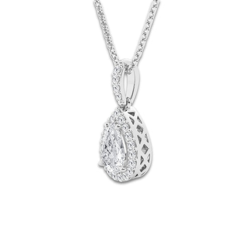 3/4 ctw Pear Lab Grown Diamond Halo Pendant 14K White Gold, DE, VS1 | 5/8 ct Center