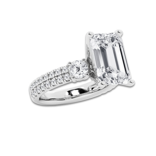 7.96 ctw Emerald Lab-Grown Diamond Three Stone Double Row Engagement Ring in 14K White Gold for Women | E Color, VS1 Clarity, IGI Certified 7.00 ct Center Diamond