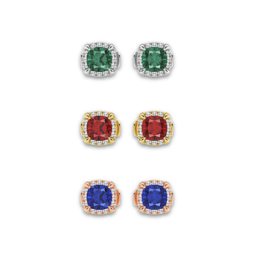 7.0X7.0 mm Cushion Cut Created Ruby and 1/3 ctw Round Lab Grown Diamond Shadow Halo Stud Earrings 14K Yellow Gold
