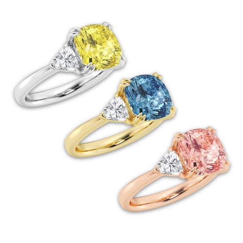 Thalia 3 3/4 ctw Fancy Blue Cushion Lab Grown Diamond Three Stone Engagement Ring 14K Rose Gold | 3 ct Center