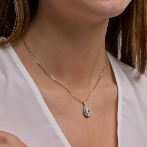 2 1/4 ctw Pear Lab Grown Diamond Halo Pendant with Adjustable Chain 18K Rose Gold, E, VS1 | IGI Certified, 2 ct Center