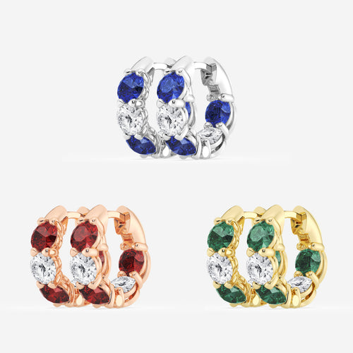 4.3 mm Round Created Emerald and 1 1/3 ctw Round Lab Grown Diamond Huggie Hoop Earrings 14K Rose Gold