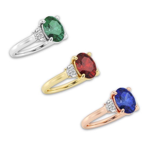 Begonia 10x8mm ctw Oval Cut Created Emerald and 1/2 ctw Lab Grown Diamond Three-Stone Engagement Ring 14K Rose Gold