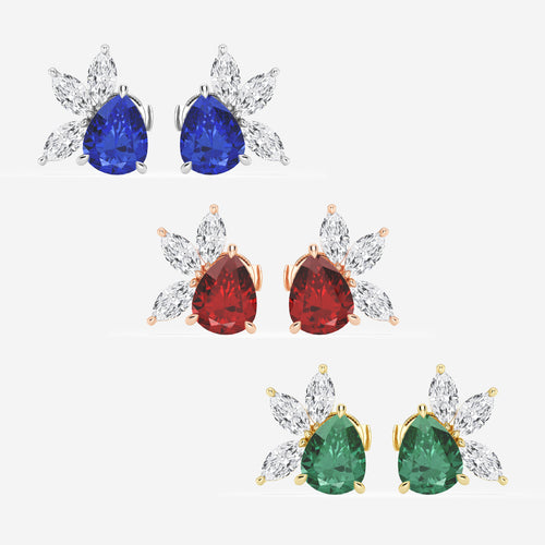 9.0X7.0 mm Pear Shaped Created Emerald and 1 3/4 ctw Marquise Lab Grown Diamond Fan Earrings 14K Rose Gold