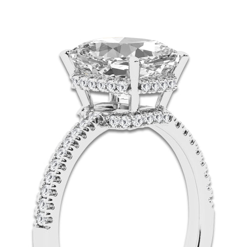 3 1/5 ctw Elongated Cushion Lab Grown Diamond Hidden Halo Engagement Ring Platinum, E, VS1 | 3 ct Center